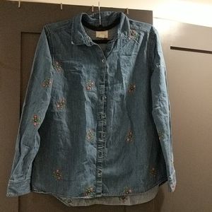 Denim button down with embroidered flowers